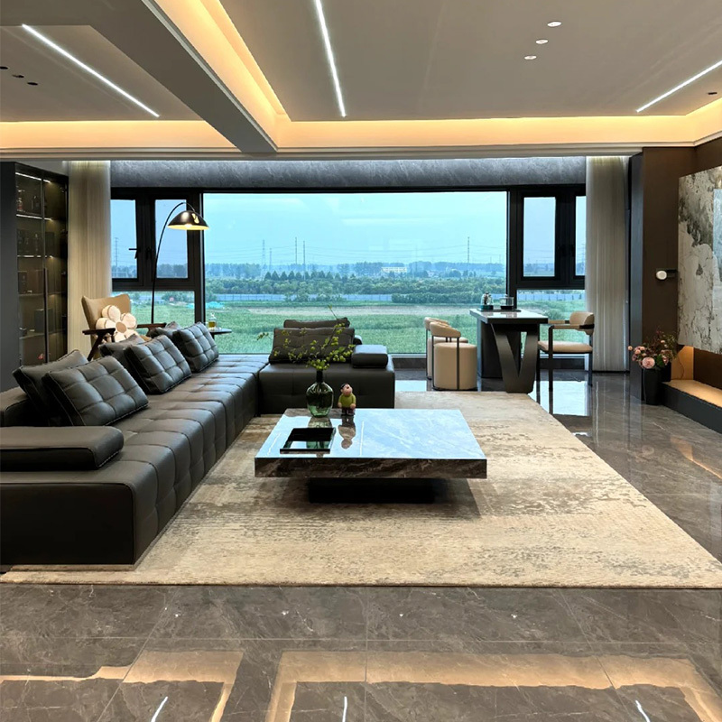 Xuanfan Italian Minimalist Genuine High-End Lawrence Leather Sofa, Semi-Green Cowhide, Large Flat Floor Living Room Chaise Lounge Set