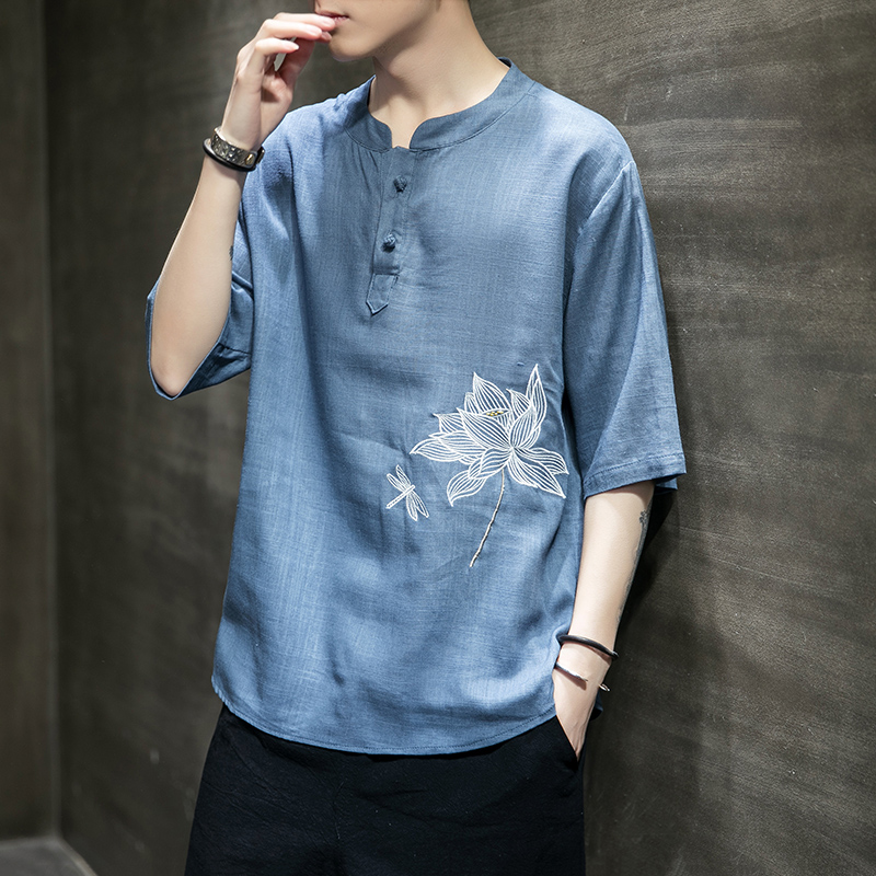 Chinese style men's embroidered lotus button linen t-shirt men's short-sleeved shirt retro half-sleeved summer cotton and linen top