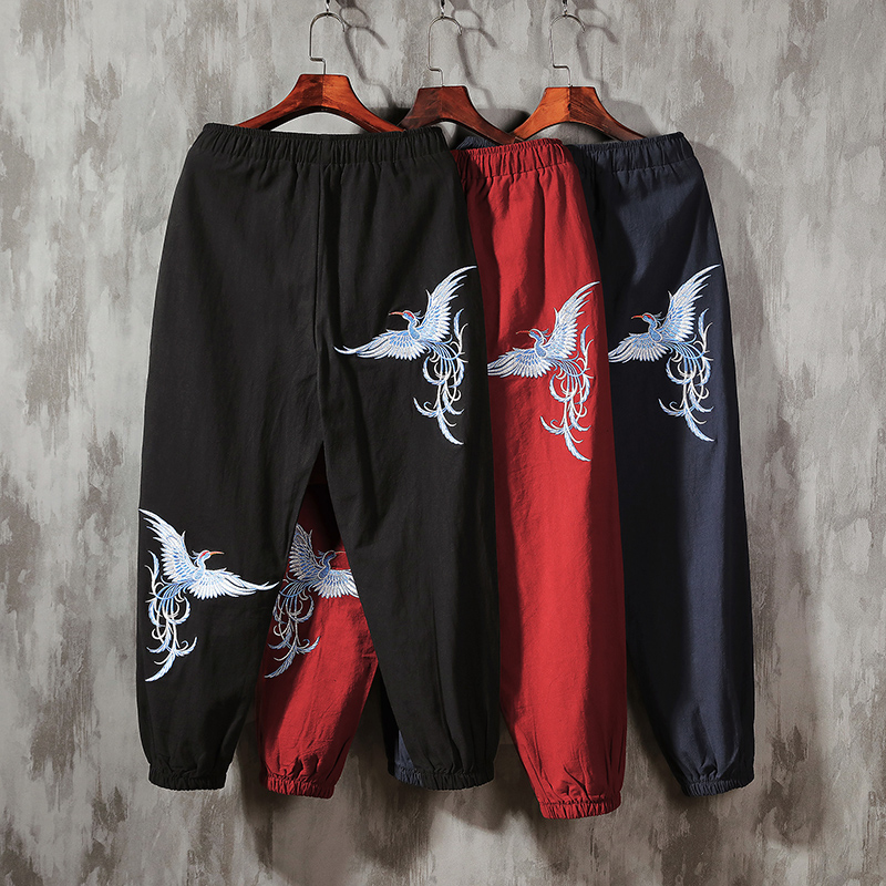 Chinese Wind Embroidery Fairy Crane Men Casual Pants Chinese style Tang Costume Bunches Men Pants Retro couches Handmade small leggings pants