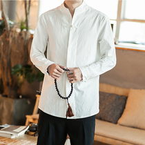 Chinese style mens disc buckle linen shirt Chinese Tang cotton and hemp long sleeve shirt spring and Autumn retro style large size top