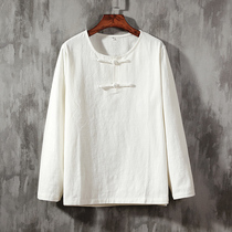 Chinese style plate buckle cotton and linen long sleeve T-shirt Mens loose round neck small shirt Chinese retro style autumn linen top