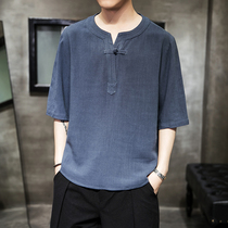 Chinese style mens buckle linen short sleeve T-shirt mens Half sleeve small shirt summer loose half sleeve cotton linen clothes
