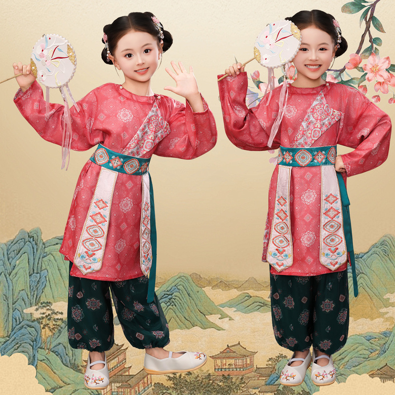 Tang-Style Round-Neck Robe with Embroidery, Hanfu Lantern Pants, Large Print Patterns, Children's Ancient Costume, Tang-Style and Song-Style Traditional Dance Attire Tang-Style Round-Neck Robe with Embroidery, Hanfu Lantern Pants, Large Print Patterns, Children's Ancient Costume, Tang-Style and Song-Style Traditional Dance Attire