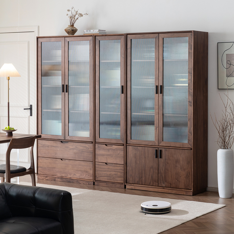 North American Black Walnut Solid Wood Combination Bookcase Modern Simple Display Cabinet with Drawers Storage Glass Door Storage Cabinet