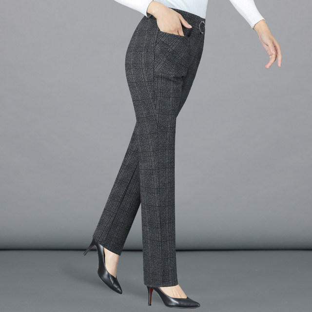 Middle-aged women's trousers, spring and autumn outer wear, straight-leg middle-aged and elderly women's trousers, high-waisted woolen winter trousers, elastic waist mom trousers