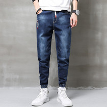 Official website flagship store autumn stretch jeans mens ankle-length pants tether elastic waist students Korean version of tie pants loose