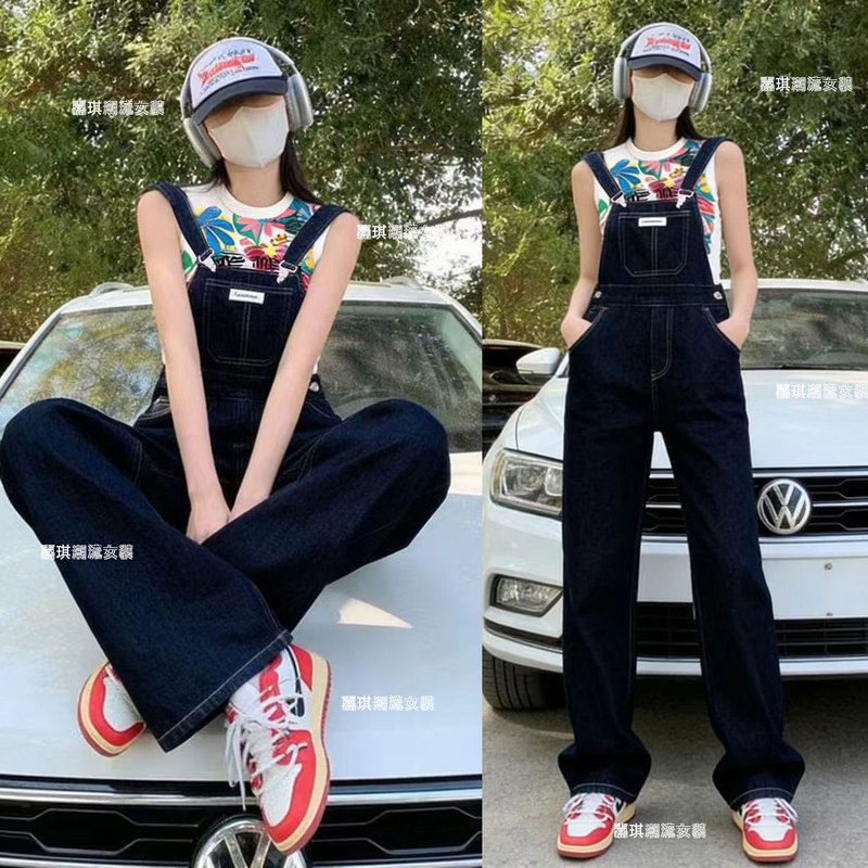 Dark Blue Denim Overalls Printed Vest Set for Women 2026 Summer New High-Waisted Straight-Leg Pants for Petite Figures