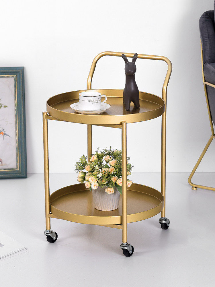 Mobile small tea table mini Nordic living room small round table double-deck sofa side several belt wheeled cart gold corner