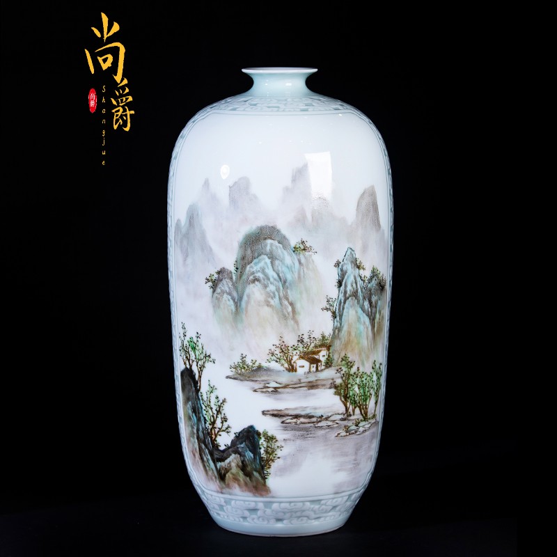 Master Handpainted Landscape Rain Rear Jingdezhen Ceramic Vase Pendulum in the Living room Bogu frame Xuanguan Chinese large number decoration
