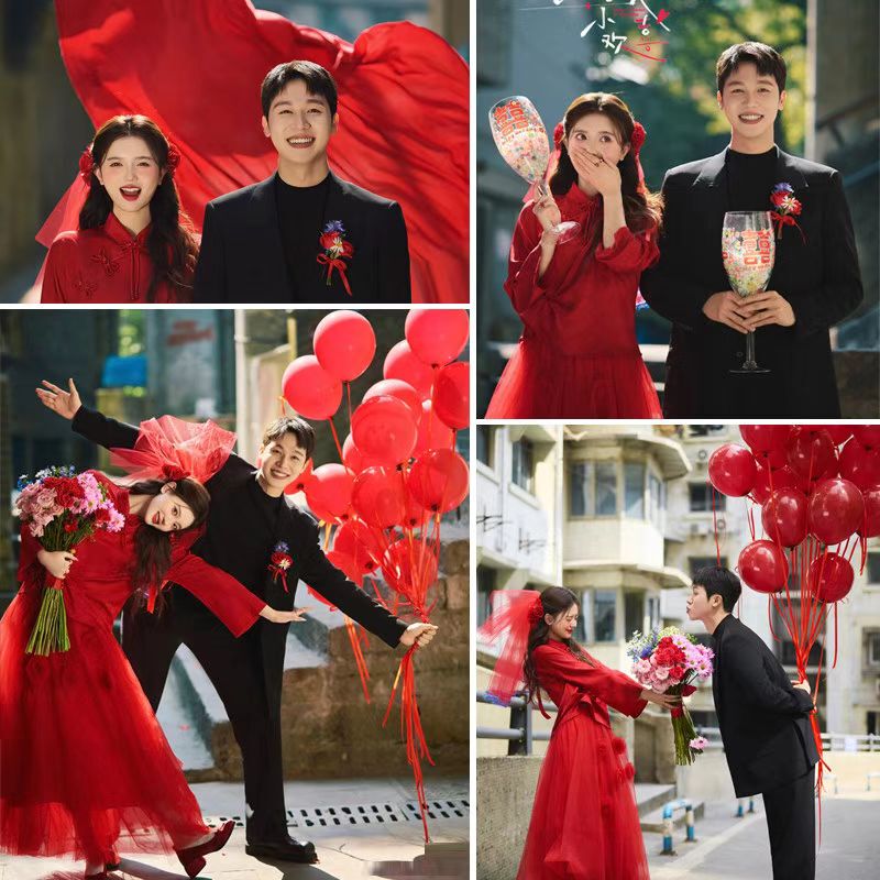 Wedding Photoshoot in the Street, New Chinese Style, Chinese Red Xiuhe Dress, Oversized Double Happiness Character, Wine Glass, Bouquet, Red Veil