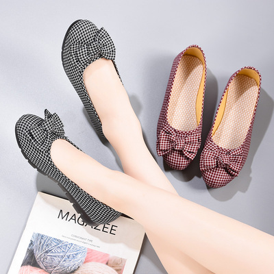 春季新款老北京布鞋女黑色工作鞋格子布面鞋蝴蝶结豆豆鞋软底防滑