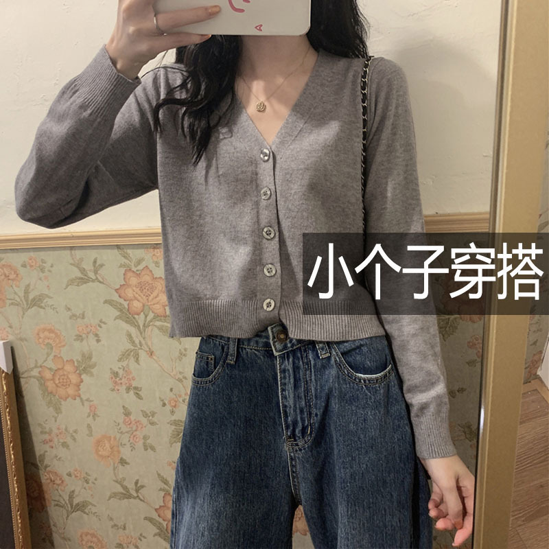 150cm Petite Spring and Autumn V-Neck Cardigan Top with Thin Outerwear, High-Waisted Short Ice Silk Sweater Knitwear for Women 150cm Petite Spring and Autumn V-Neck Cardigan Top with Thin Outerwear, High-Waisted Short Ice Silk Sweater Knitwear for Women