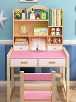 Solid wood childrens study desk Primary school students can lift the writing desk Desk and chair set Home desk Simple work desk