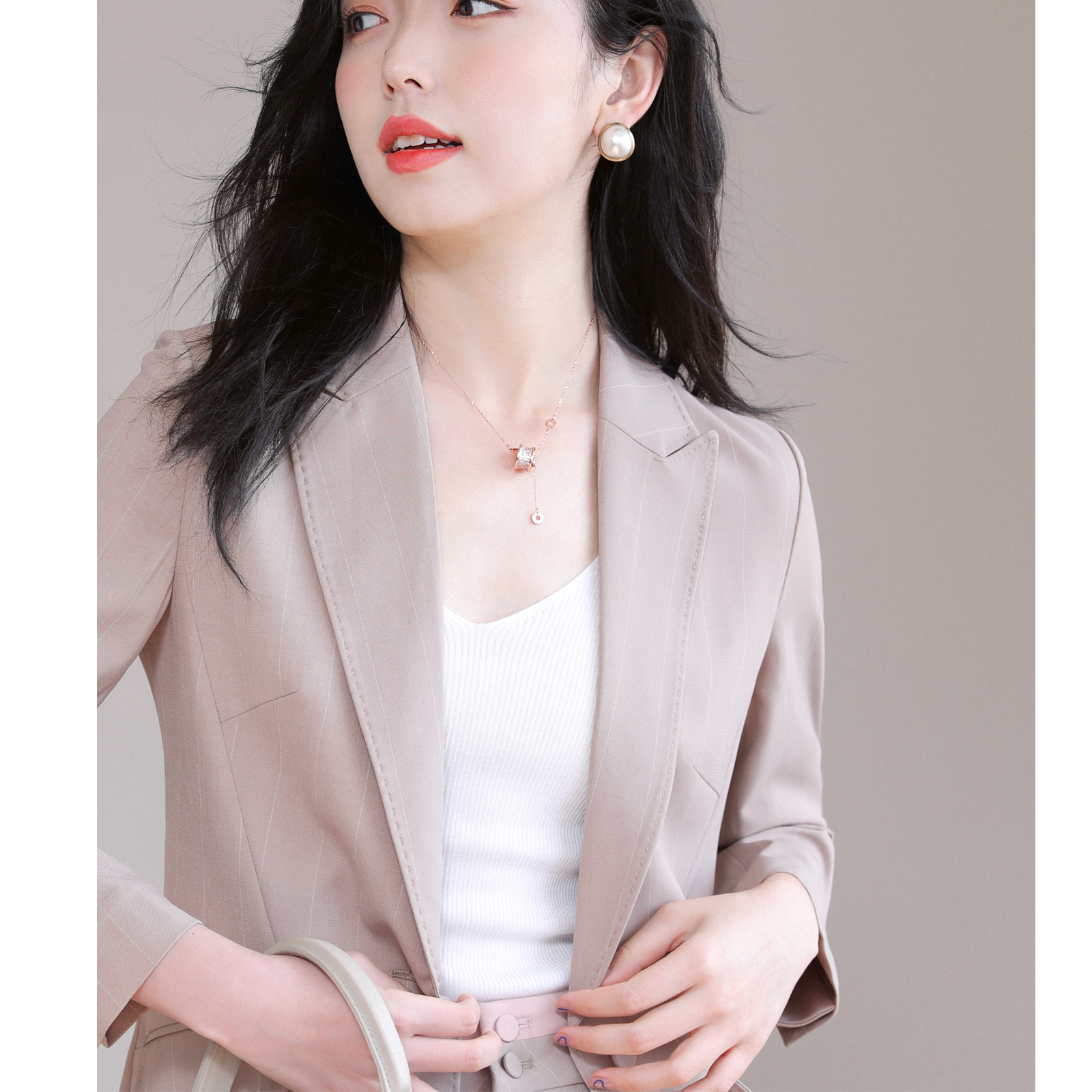 Dituton pink striped suit women's 2021 summer new small thin suit jacket