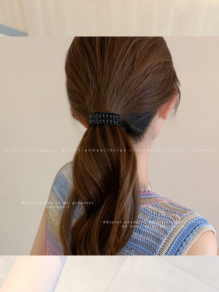 Black Elastic Hair Ties for Women, Traceless Telephone Wire Hair Bands, High Elasticity, Durable Hair Ties, High Ponytail Hair Bands, Leather Cover
