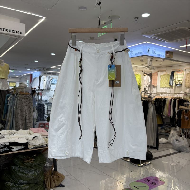 Top European Style 20223 Genuine Thin Elastic Waist Drawstring Wide-Leg Cropped Pants for Women Stylish Casual Pants Summer 2026