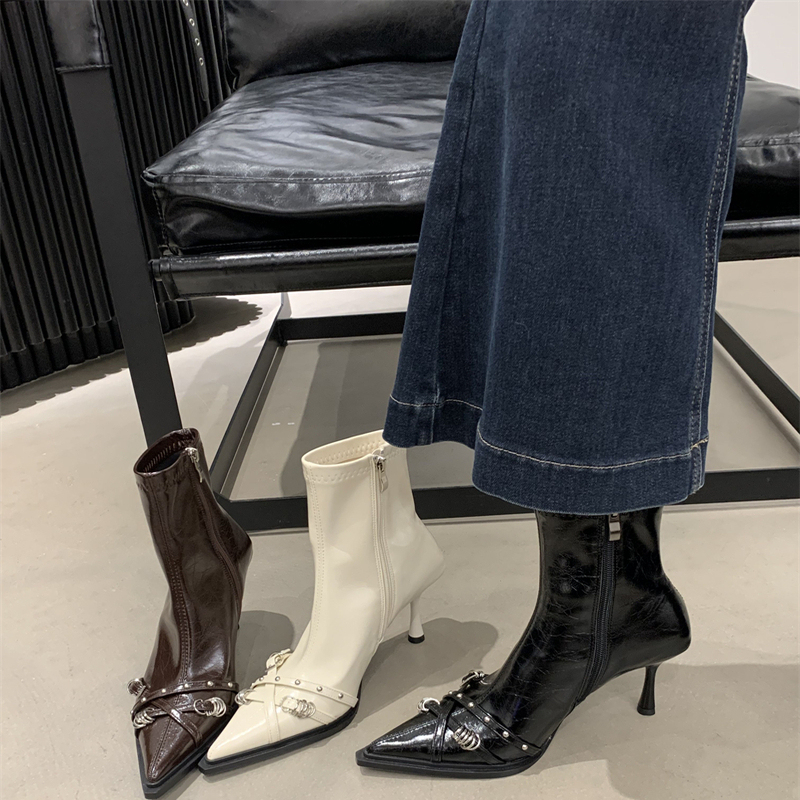 Pointed Toe Stiletto Short Boots for Women, High-Heeled Side Zipper Patent Leather Slim Boots, High-End Elastic Boots Pointed Toe Stiletto Short Boots for Women, High-Heeled Side Zipper Patent Leather Slim Boots, High-End Elastic Boots