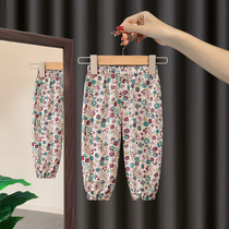 Girls summer pants thin outside wear Ice Silk 2021 new children flower anti mosquito pants baby pants