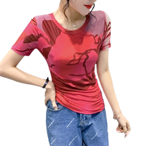 European Womens New Printed Mesh Short-Sleeved T-shirt Womens Summer Style Tops Slim Fit Fashionable Small Shirts