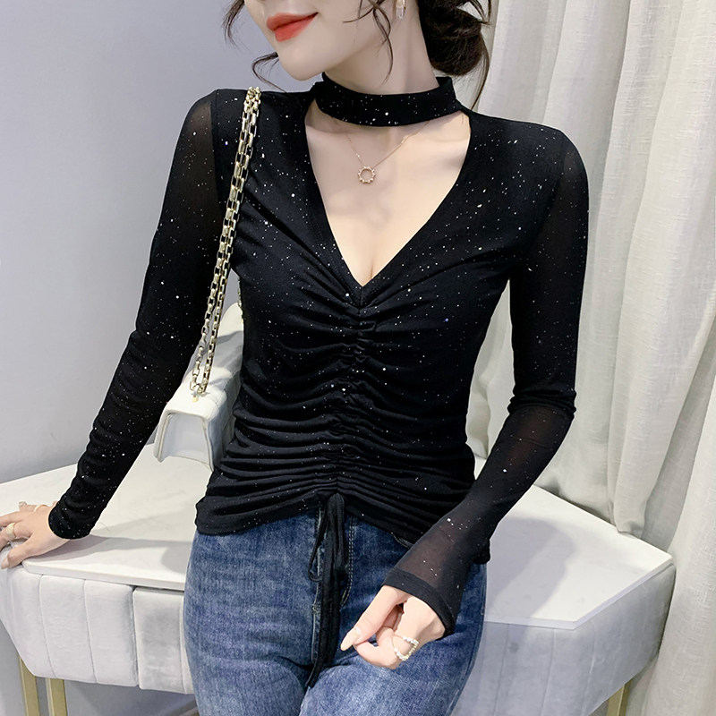 Europe station 2021 autumn and winter new fashion sexy V neckline pull-out rope T-shirt woman long sleeve mesh yarn blouse tights up to the bottom