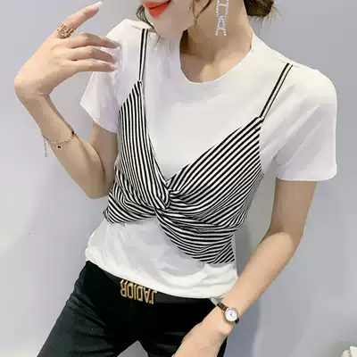 European station summer dress new stripe stitching T-shirt women's short sleeve fake two-piece coat foreign style slim half-sleeve small shirt tide