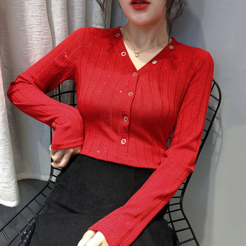 Play undershirt woman Nehitch winter Eurostock New body Slim Long Sleeve T-Shirt Woman Fashion Foreign Pie Cardiopite V-neck blouse