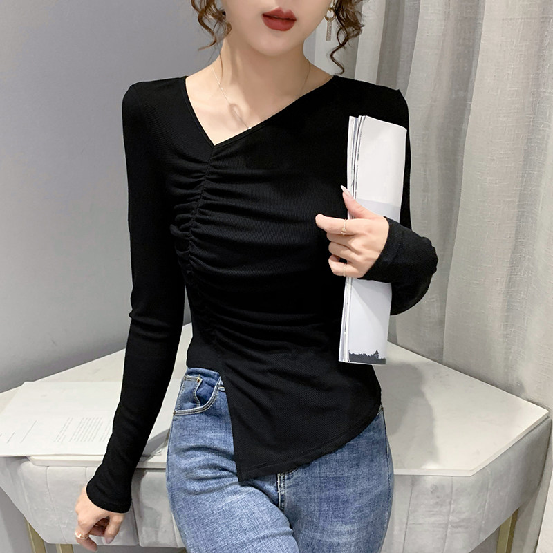 Sexy V collar T-shirt woman long sleeve 2021 new European station asymmetrical blouses black tight undershirt woman autumn and winter