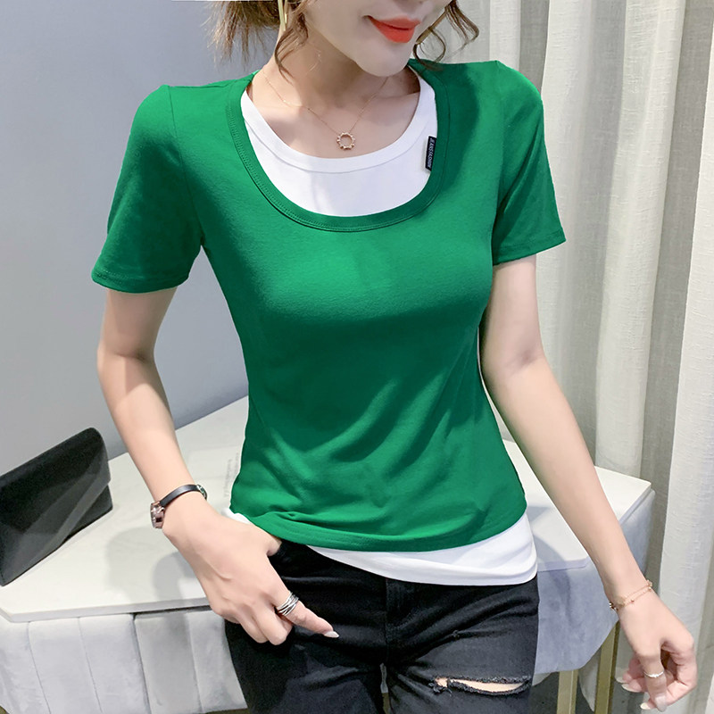 Fashion hit color short-sleeved t-shirt women's summer new European station fashion fake two-piece top Western style slim-fit shirt tide