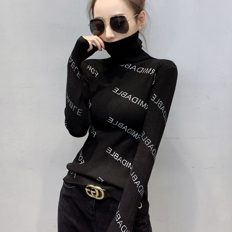 European station autumn and winter new turtleneck sweater women's long-sleeved letter printing slim fit and thin inner knitted bottoming shirt