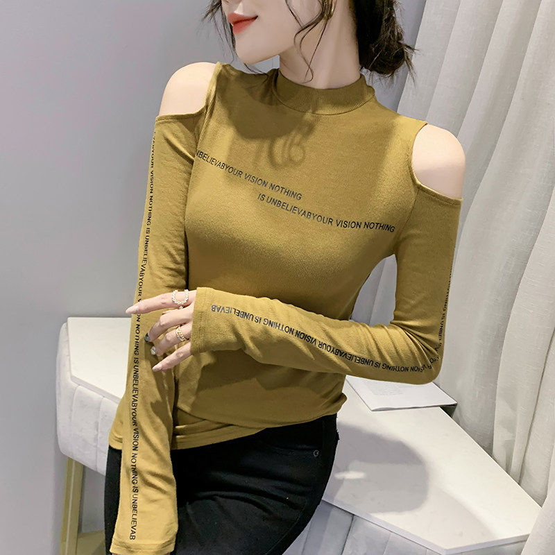 Half-height collar bottom shirt woman 2021 autumn winter new fashion sexy open-shoulder blouses with a long sleeve T-shirt tide
