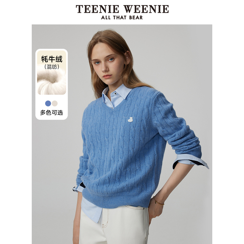 Teenieweenie Little Bear Outlet Women's Winter V-Neck Cable Knit Yak Wool Sweater, Soft and Textured Teenieweenie Little Bear Outlet Women's Winter V-Neck Cable Knit Yak Wool Sweater, Soft and Textured