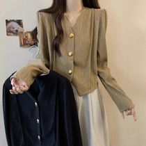 Irregular short French niche top for women spring new design retro fashion puff sleeve v-neck top