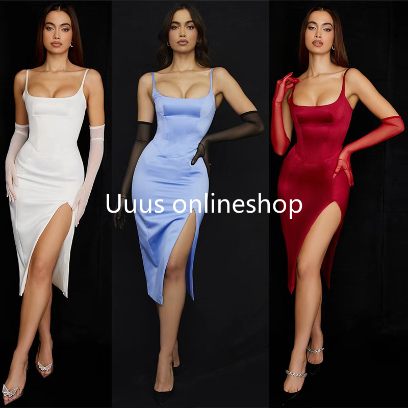 Authentic Buyer Store House of Cb Dress Retro Square Collar Sexy Slit Slimming Look Evening Dress Long Skirt