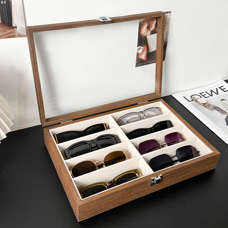 Transparent Glass Lid Glasses Storage Box, High-End Walnut Wood Grain Velvet Multi-Compartment Large-Capacity Sunglasses Display Stand