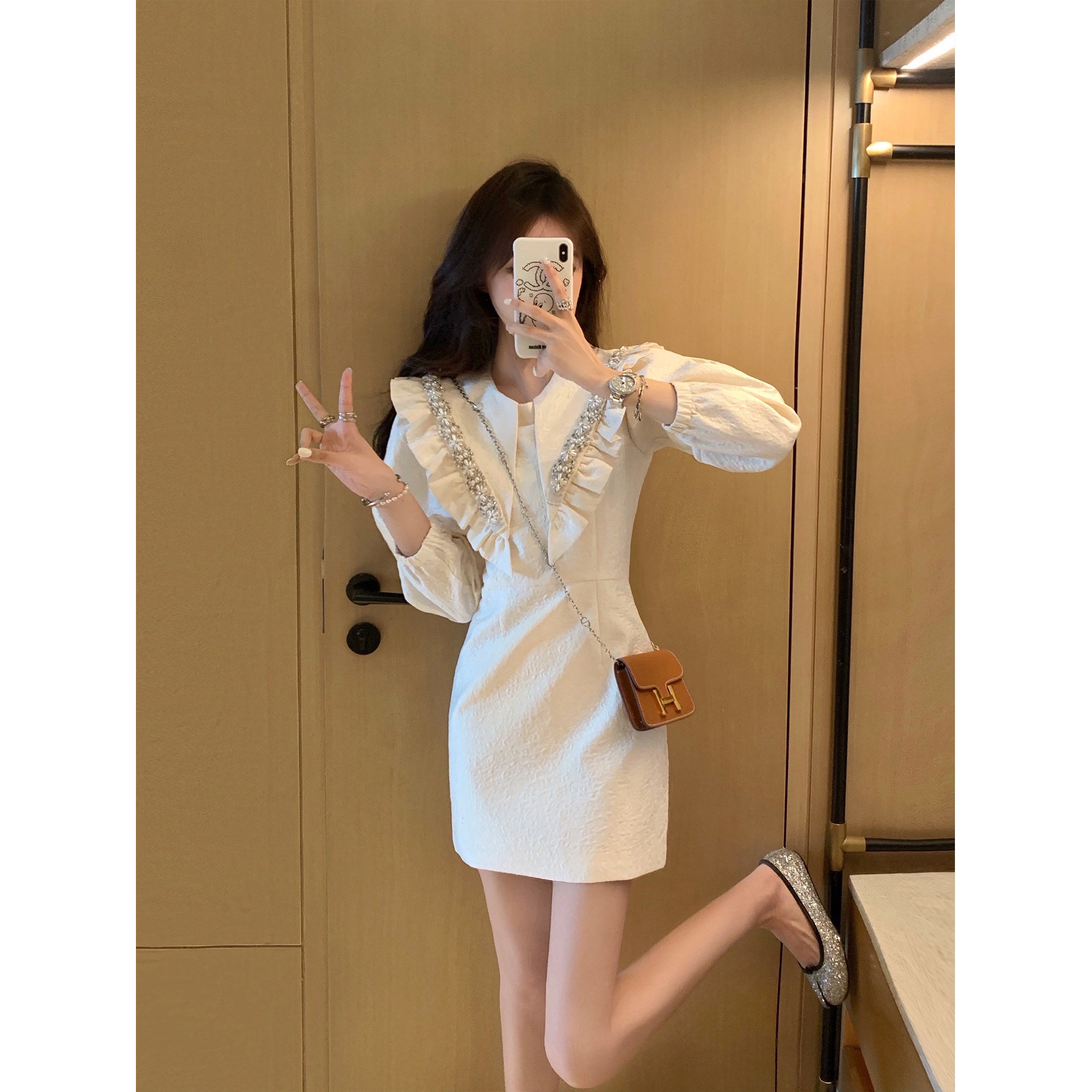 White small scents windy with dress fall 2023 new women's fashion Fashion Temperament Cashew's slim long sleeve French dress-Taobao