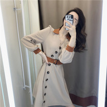 Autumn 2021 new womens waist thin temperament Zhixun skirt French bellflower skirt long sleeve socialite style dress