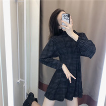 2021 new French retro plaid skirt early autumn long-sleeved waist thin temperament short socialite style dress