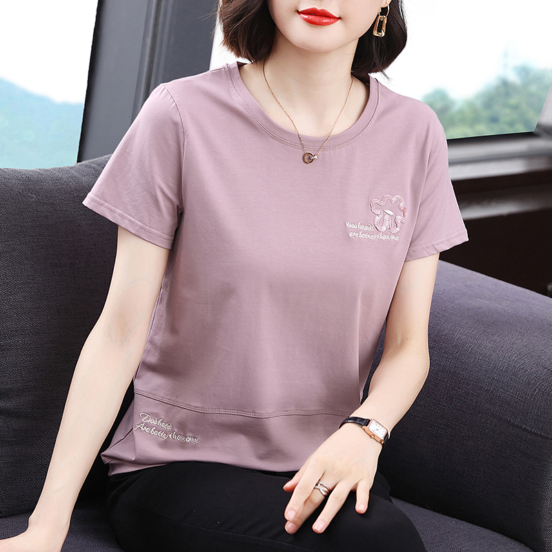 Mom's New Pure Cotton Short-Sleeved T-Shirt for Women, Round Neck Embroidered Top, Summer Loose Half-Sleeved T-Shirt for Middle-Aged and Elderly Women