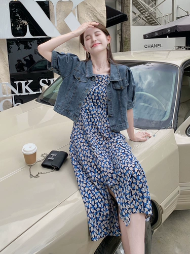 Летний тонкий комплект, юбка, джинсовая куртка, шифоновое платье-комбинация, французский стиль, короткий рукав