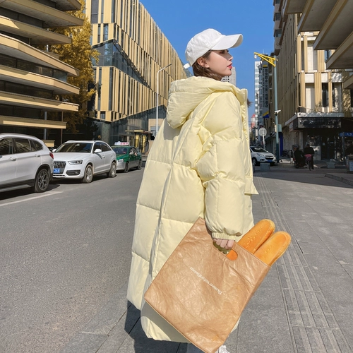 Желтый демисезонный длинный пуховик с пухом, коллекция 2023, в корейском стиле, оверсайз, увеличенная толщина, набивка пером