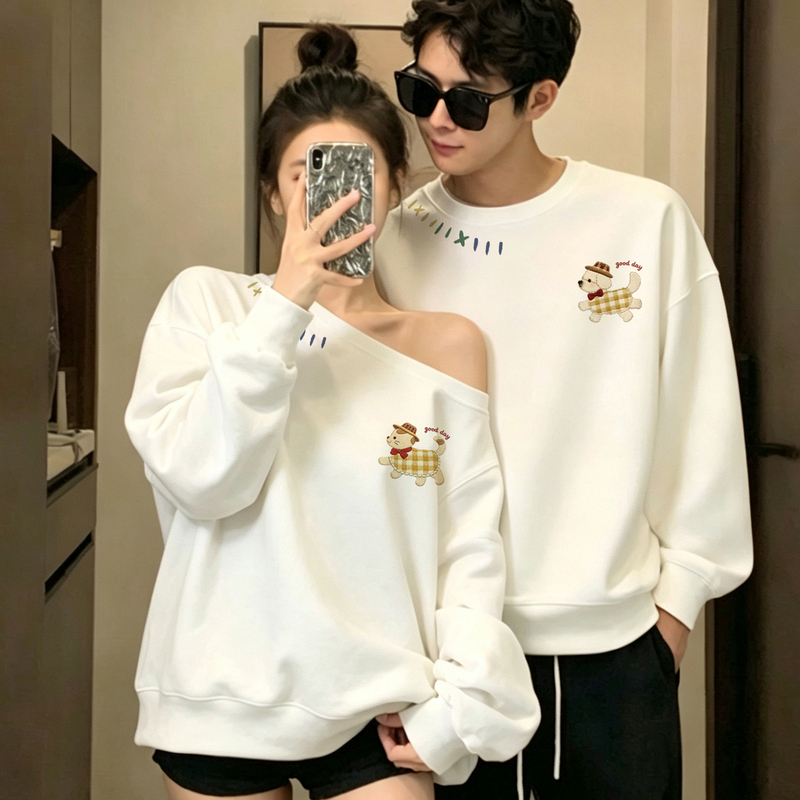 Special Couple Outfits Autum Suit Top 2026 New Early Autum and Winter Cartoon Cat and Dog Print Slanted Shoulder Sweatshirt for Women Special Couple Outfits Autum Suit Top 2026 New Early Autum and Winter Cartoon Cat and Dog Print Slanted Shoulder Sweatshirt for Women