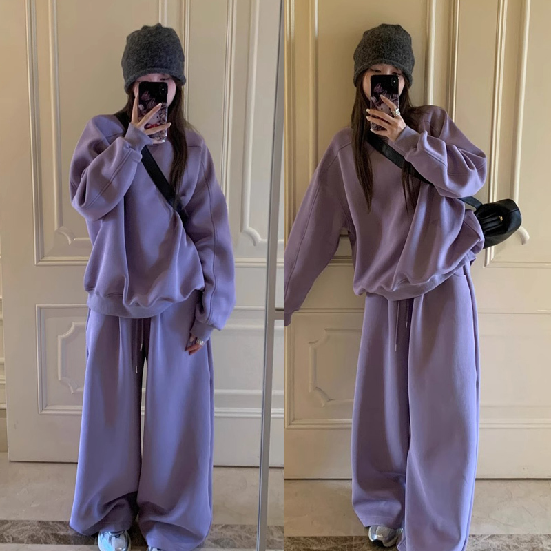 Korean Style Fleece-Lined Casual Sports Suit for Women, Winter Fashion, Lazy Style, Age-Reducing Trendy Wide-Leg Pants Two-Piece Set