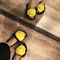 Fur slippers female outside wearing 2021 new black smiley face ferret wool slippers flat bottom warm comfort womens shoes