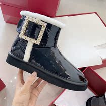 RV Water Drilling Square Buckle Snow Ground Boots Female Winter 2021 New Fur Integrated Thick Primer Leather Short Boots Glint Warm Cotton Shoes