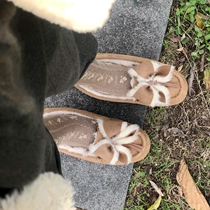 Fur-integrated bean-bean shoes small crowdsourced style Warmth Divine 2021 New butterfly knots flat-bottomed wool shoes
