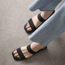  Korean girl style Roman sandals womens simple and wild open toe one-word with square head thick heel slippers womens summer wear
