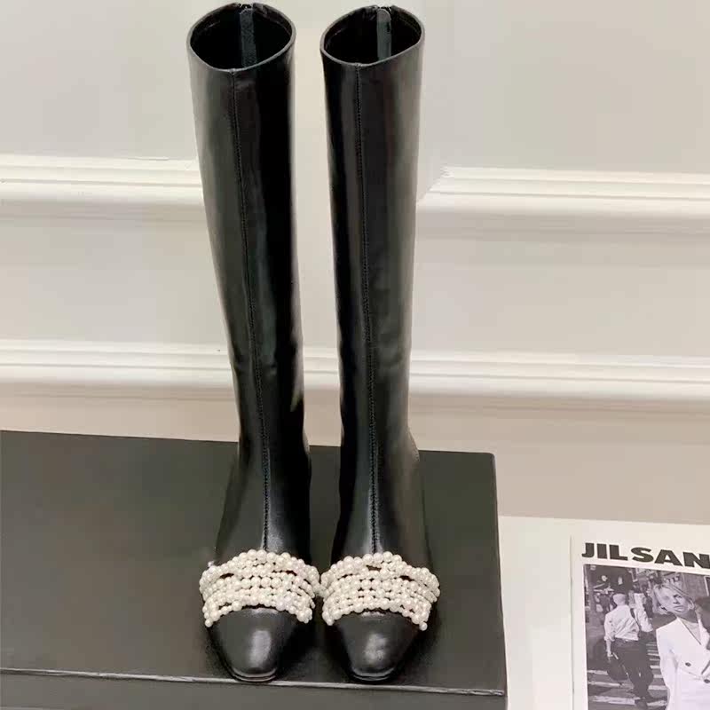 But knee boots women British style upper feet look good little fragrant pearl block heel high riding boots