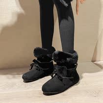 Leather hair integrated snow boots woman 2021 new leather rabbit fur bow tie short cylinder boot plus suede thickened warm cotton shoes
