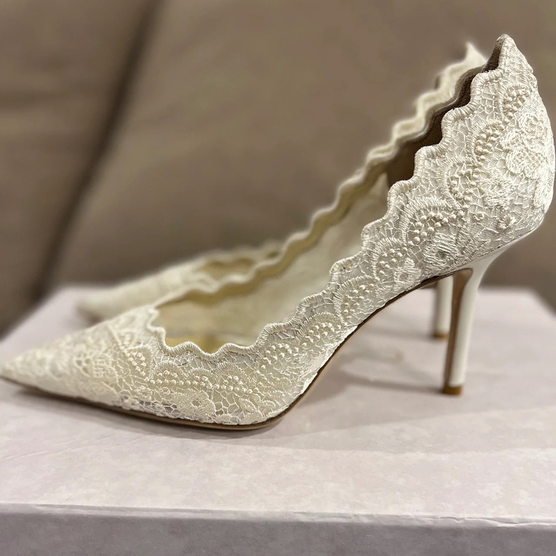 2025 Spring and Autumn Lace White Single Shoes Wedding Dress Bridal Shoes Women's Pointed Toe Stiletto Heels Hollow Embroidery Mesh High Heels