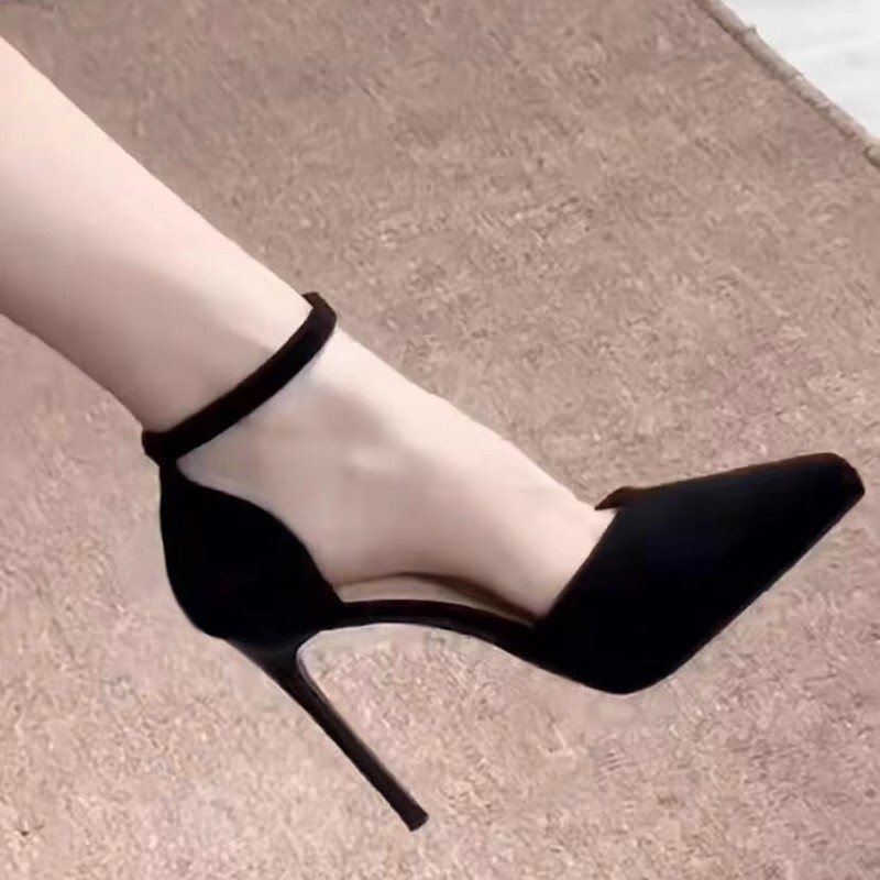 Spring Style Stiletto Black Suede Platform Buckle High Heels Niche Design Thick-Soled Hollow Single Shoes